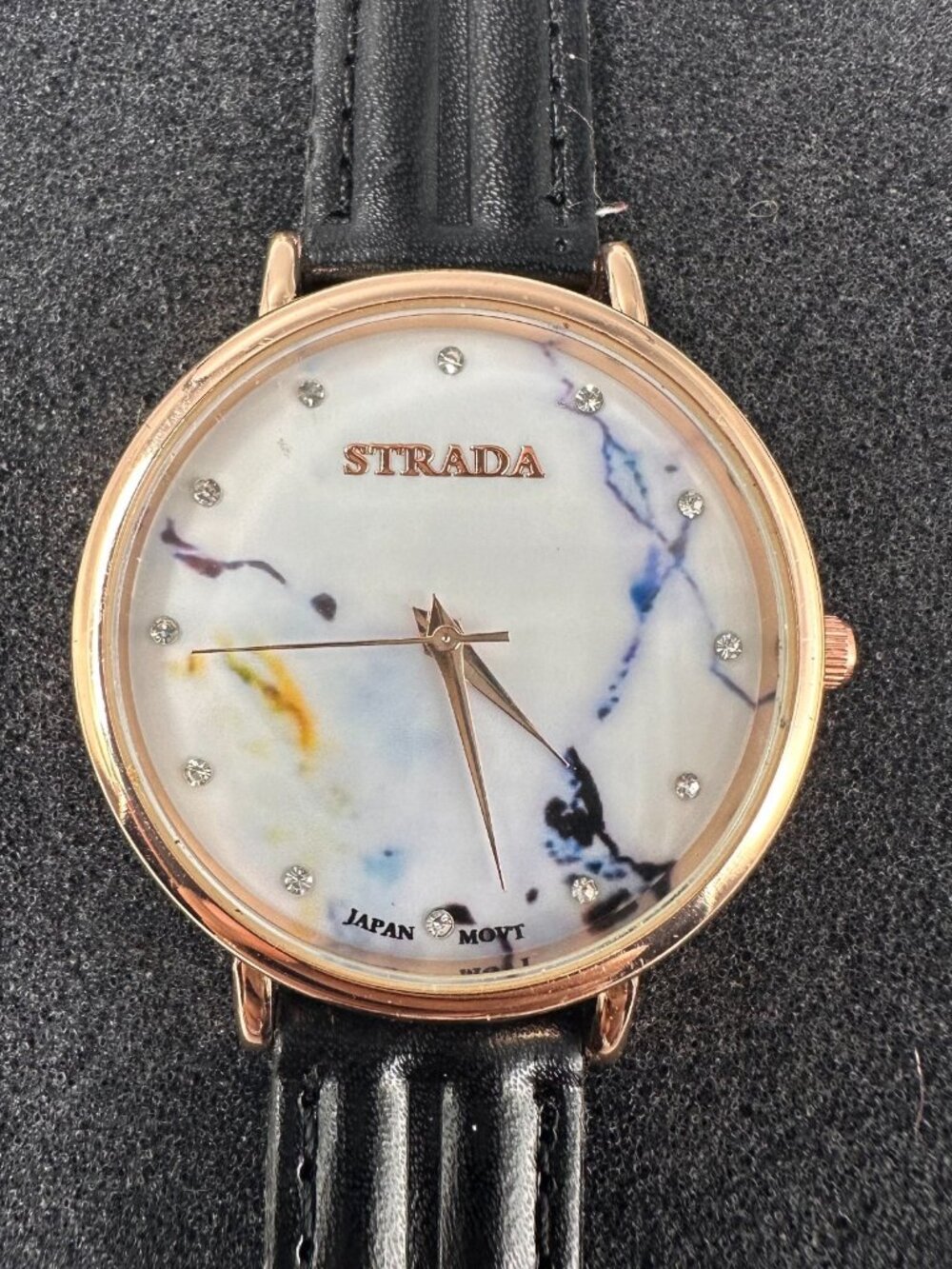 Strada Watch Women Gold Tone Marble Dial Black Leather Band New Battery